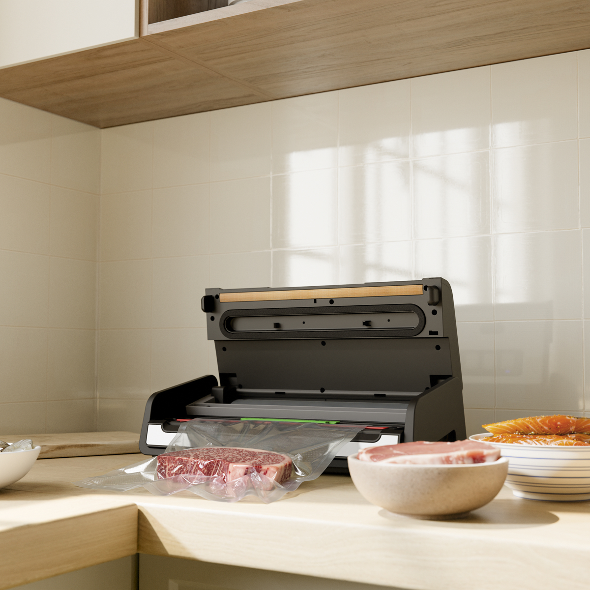 vacuum sealer, keukenapparaat, plastic zak, vlees, zwart