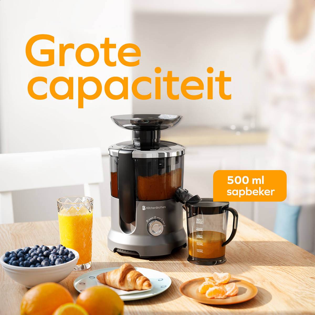 KitchenBrothers Sapcentrifuge - Voor Groenten en Fruit - Juicer - Met Pulpcontainer - 500ml - 600W - Zilver/Grijs