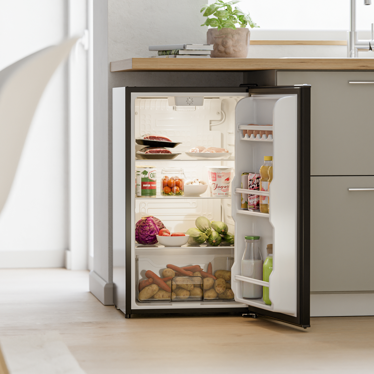 koelkast, mini koelkast, openslaande deur, voeding, groenten