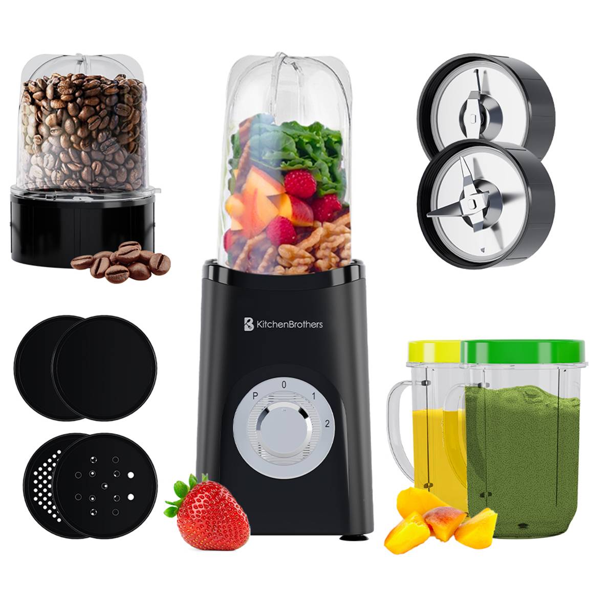 KitchenBrothers Smoothie Blender 2-in-1 Zwart 4 Bekers