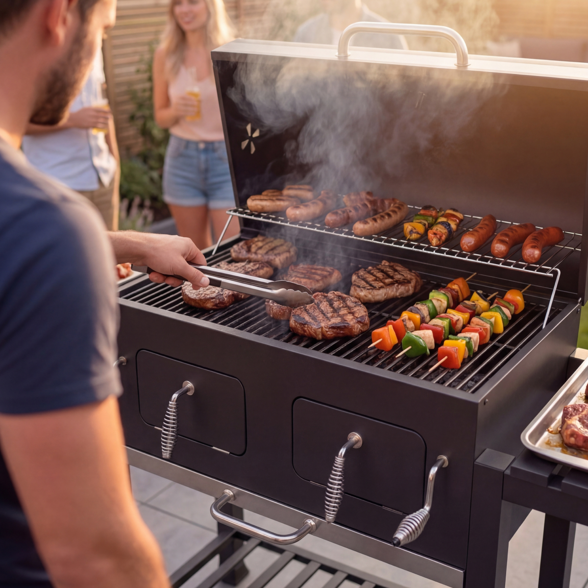 barbecue, grill, worsten, steaks, spies