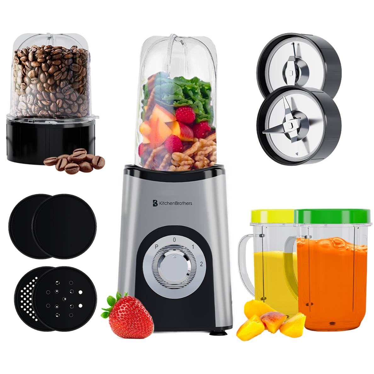 KitchenBrothers Smoothie Blender 2-in-1 Zilver 4 Bekers