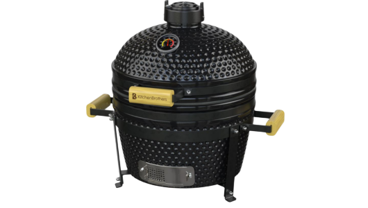 keramische barbecue, kamado BBQ, zwart keramisch rookkast, thermometer, handvatten houten beugels