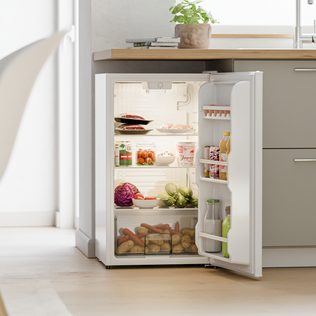 koelkast, mini koelkast, open deur, voedselopslag, vershoudend