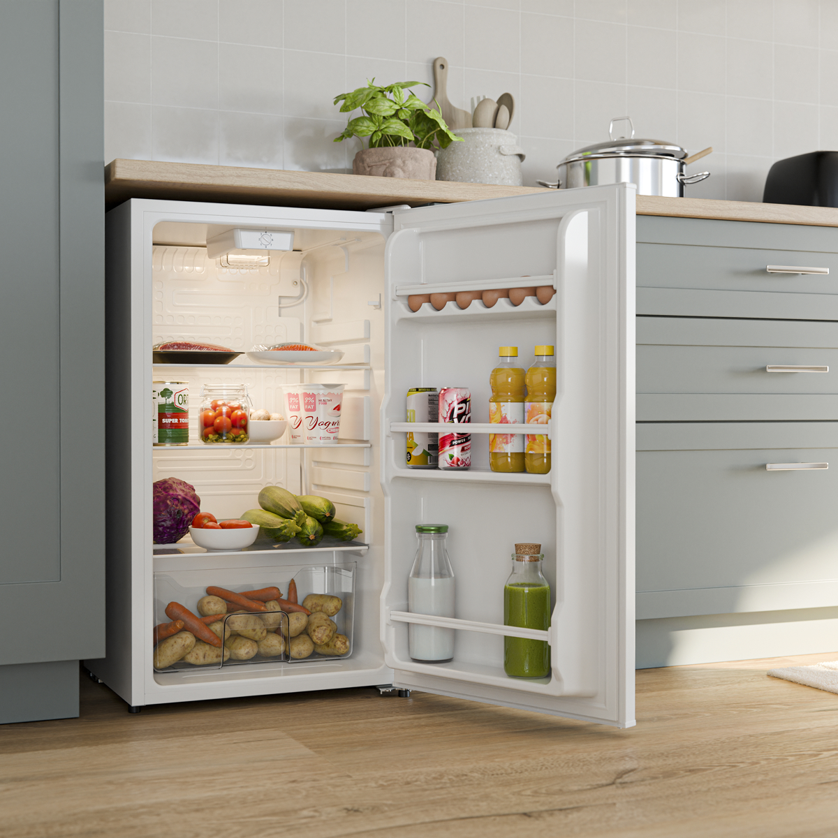 koelkast, inbouwfrigo, ingrediënten, groenten, drankjes