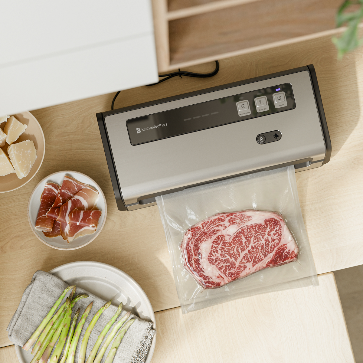 vacuum sealer, vacuum bag, steak, prosciutto?, asparagus