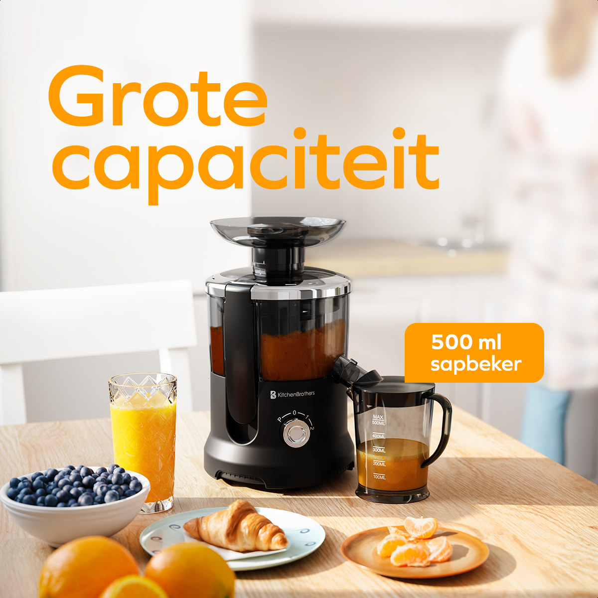 KitchenBrothers Sapcentrifuge - Voor Groenten en Fruit - Juicer - Met Pulpcontainer - 500ml - 600W - Zwart