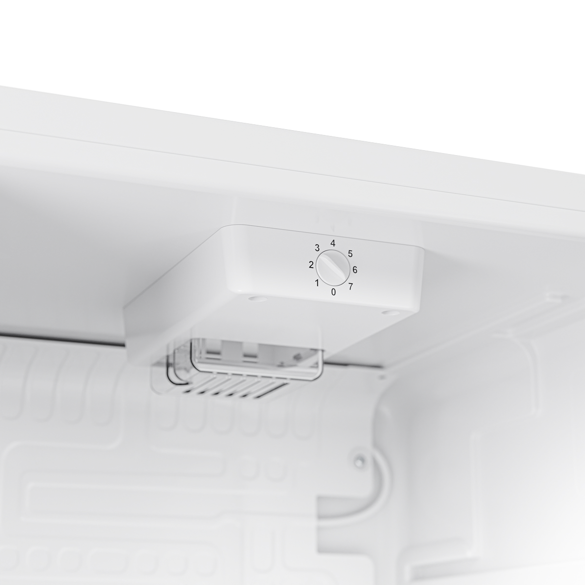 fridge, temperature dial, interior, white, coil rack