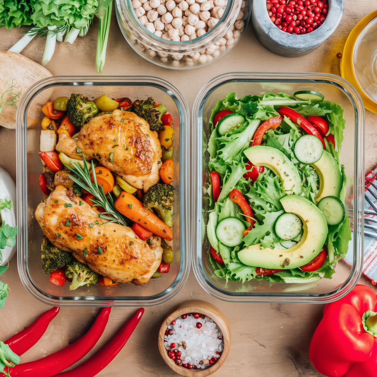 kippen maaltijd, gegrilde kip groenten, salade avocado komkommer, glazen dozen, groentenschotel