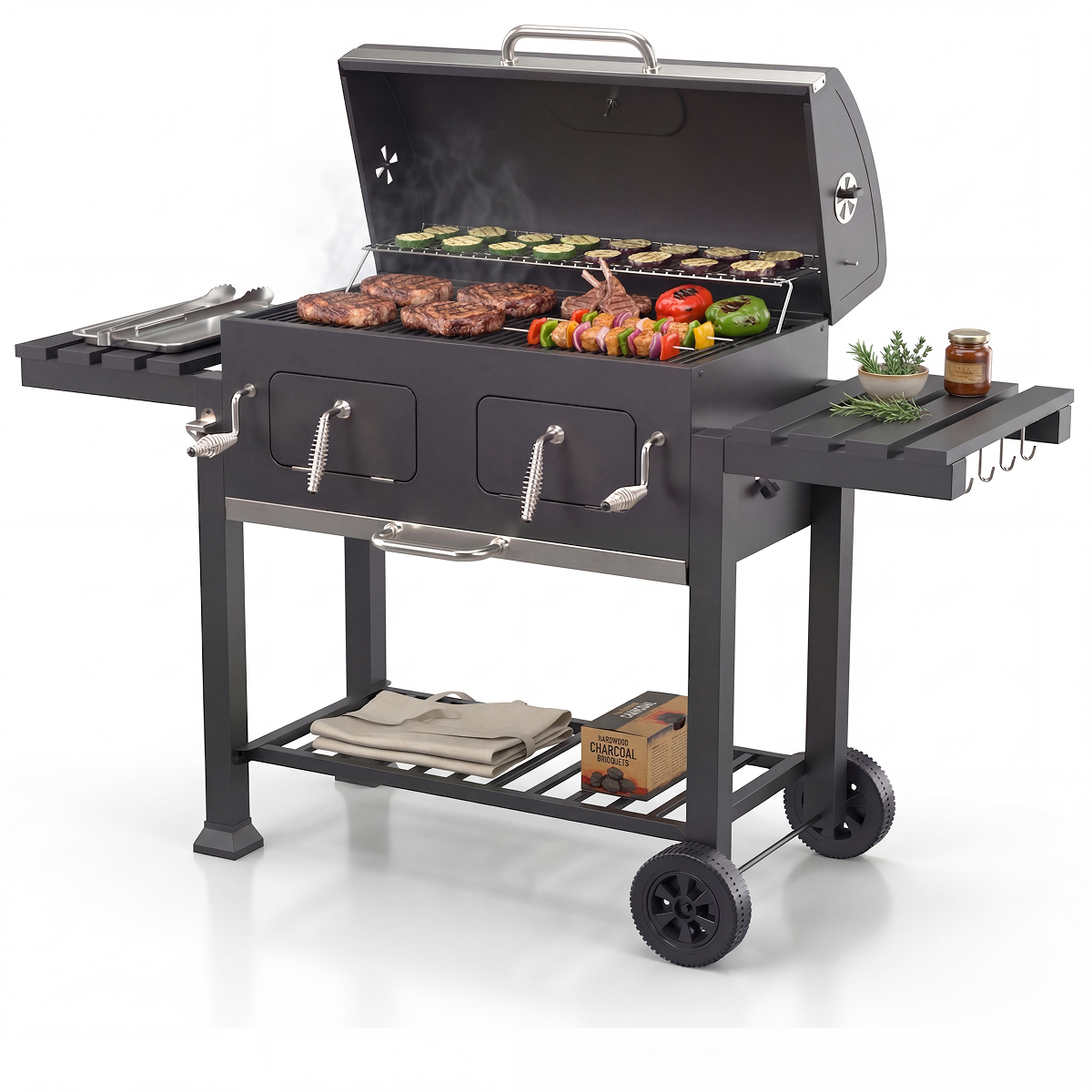 gas grill, barbecue, grill met zijtafels, barbecue, spiezen