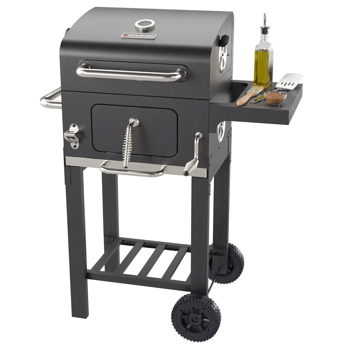barbecue, BBQ-grill, olijfoliefles, roestvrij staal, wielsen/uitklaprek